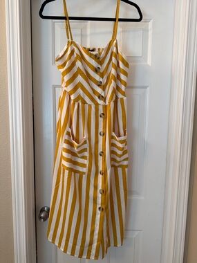 Yellow & White Striped Midi Dress with Front Buttons